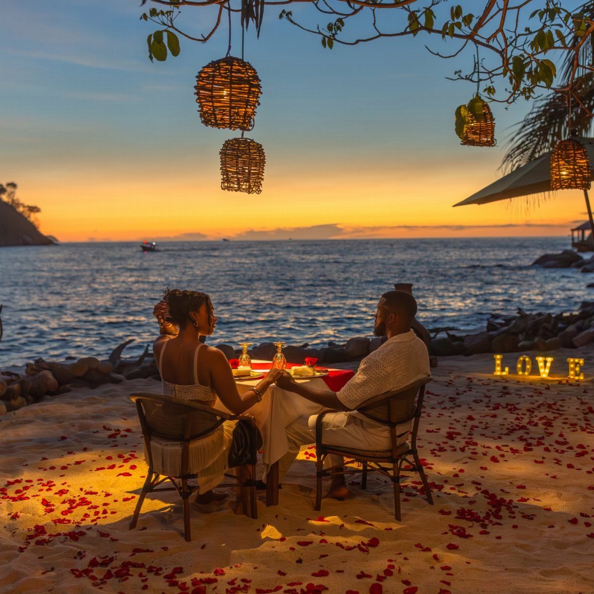 Couple dining on a beach at sunset with rose petals and LOVE letters.
