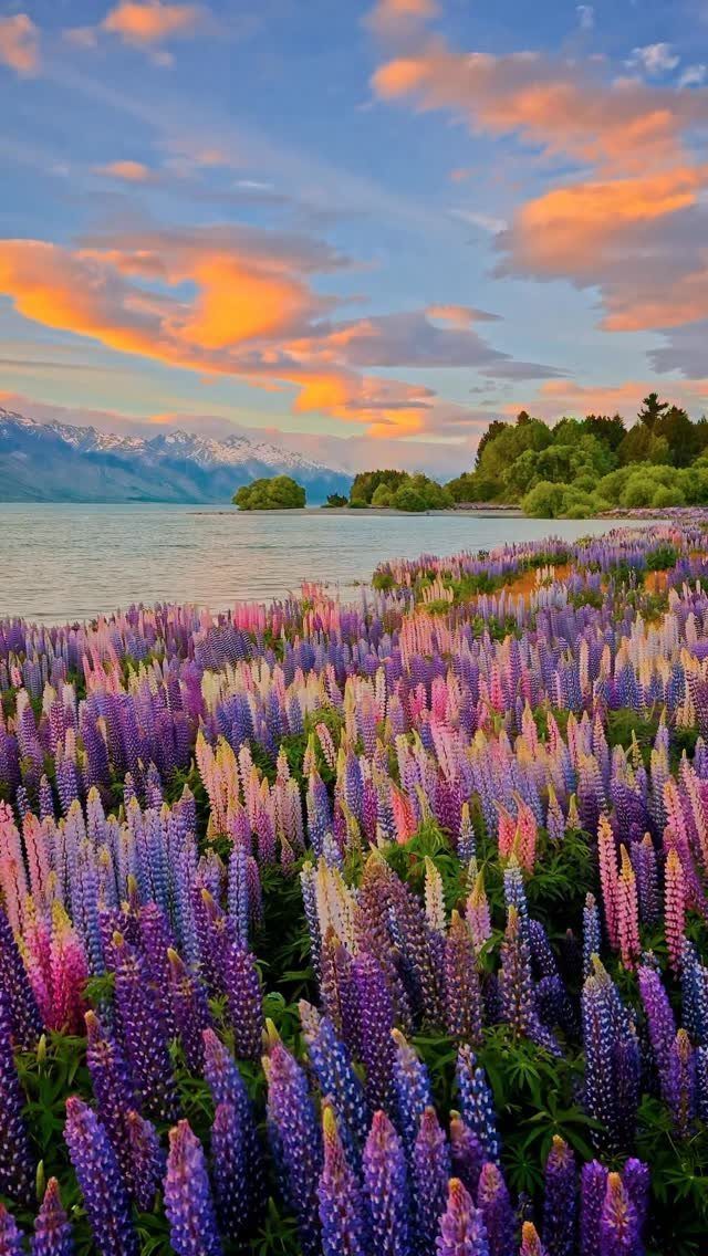 Purple and pink lupin flowers blooming by a lake with distant snowy mountains.