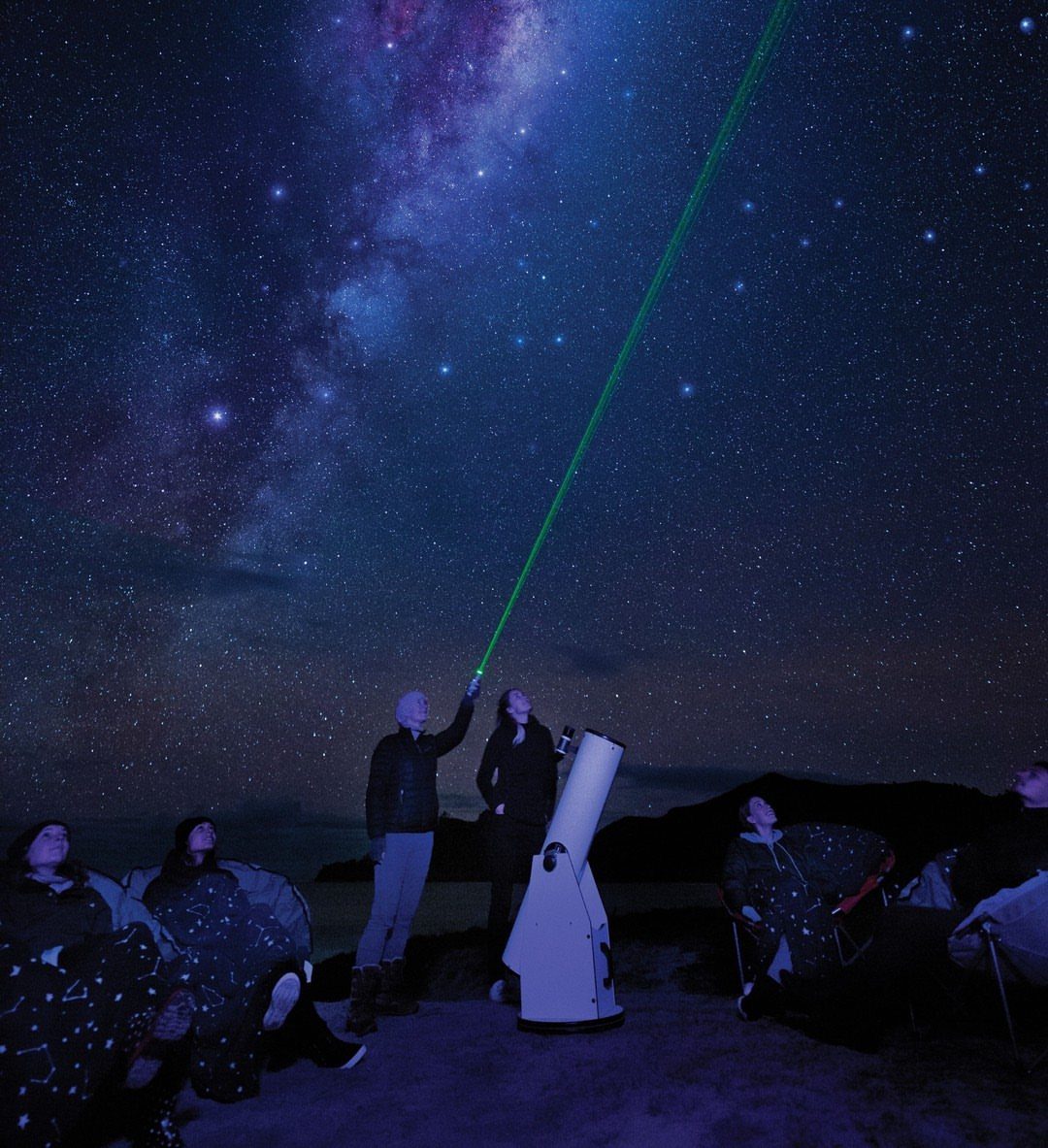 People stargazing at night with a telescope and green laser under the Milky Way.