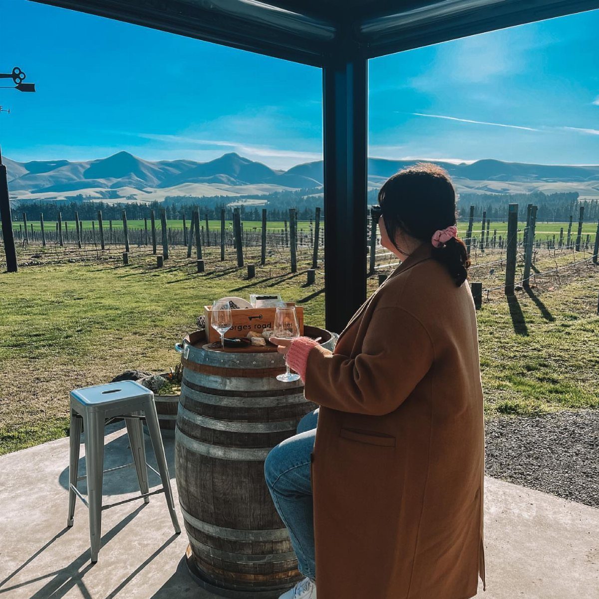 Woman holding a wine glass by a barrel overlooking a scenic vineyard and mountains.