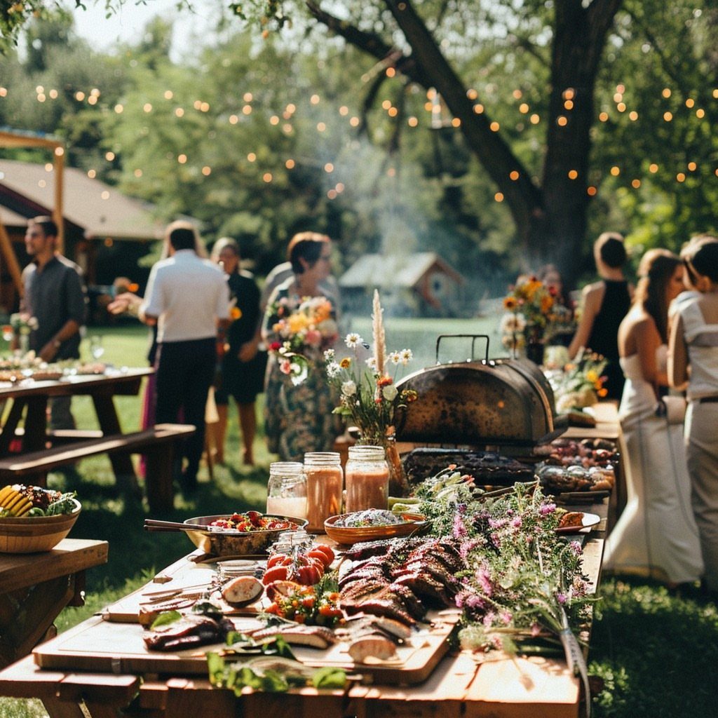 Grilled meats and sides on wooden tables with a smoker at an outdoor wedding.