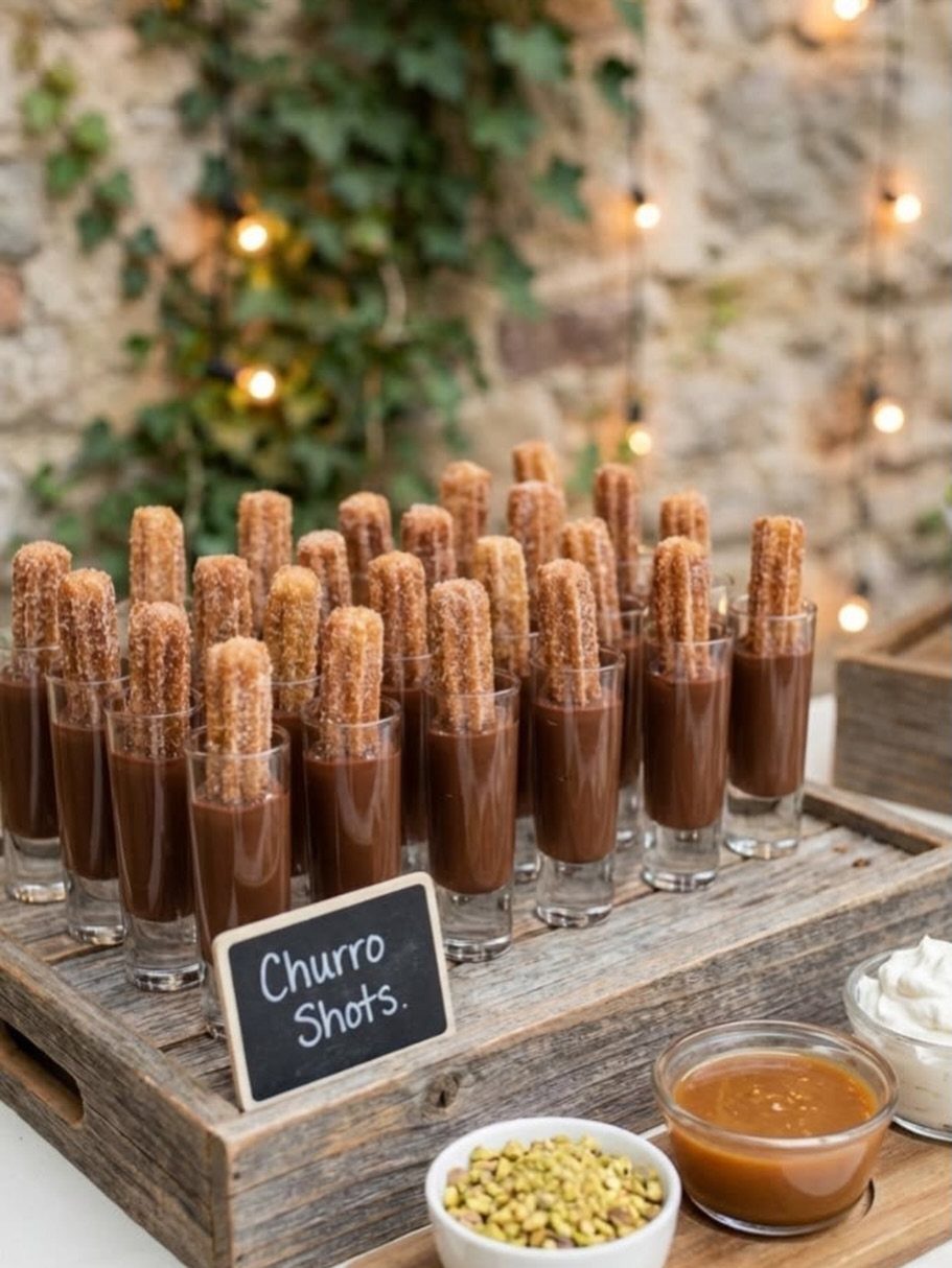 Churro shots in chocolate sauce on a wooden tray with fairy lights background