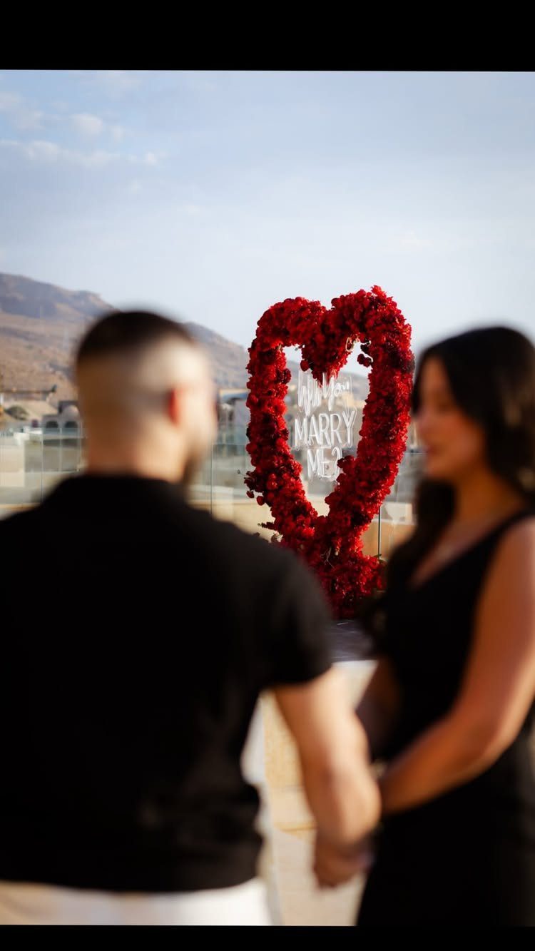 Couple holding hands facing a red rose heart with a marriage proposal sign.