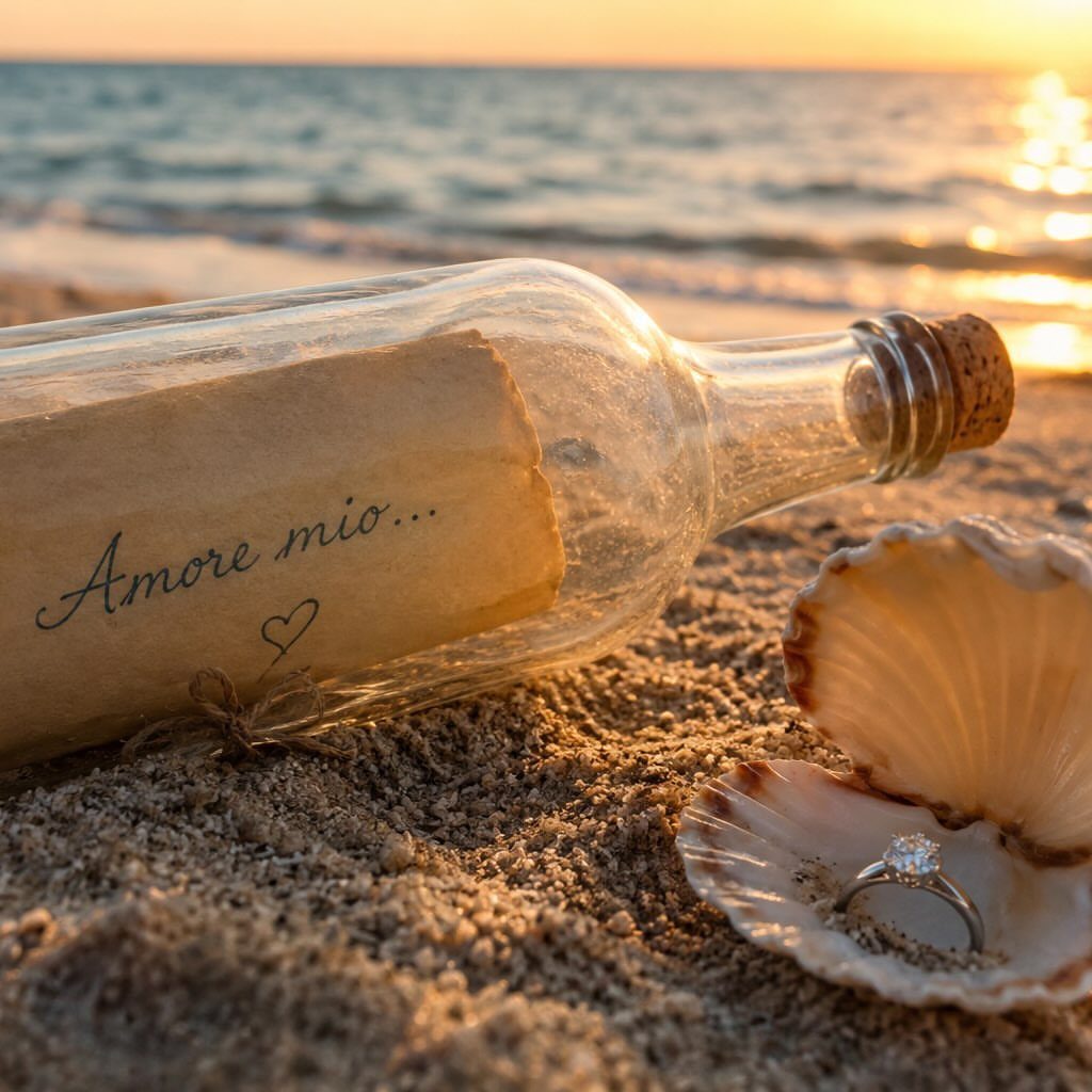 Glass bottle with a love letter and a diamond ring in a seashell.