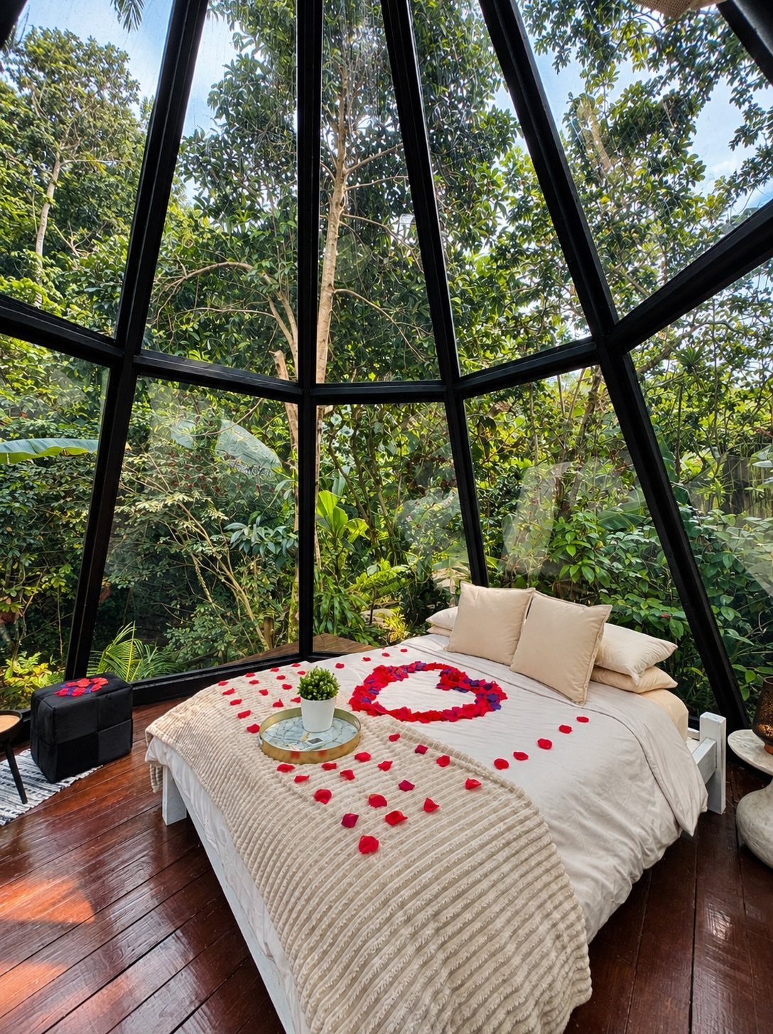 Bed with red rose petal heart inside a glass dome in a tropical forest