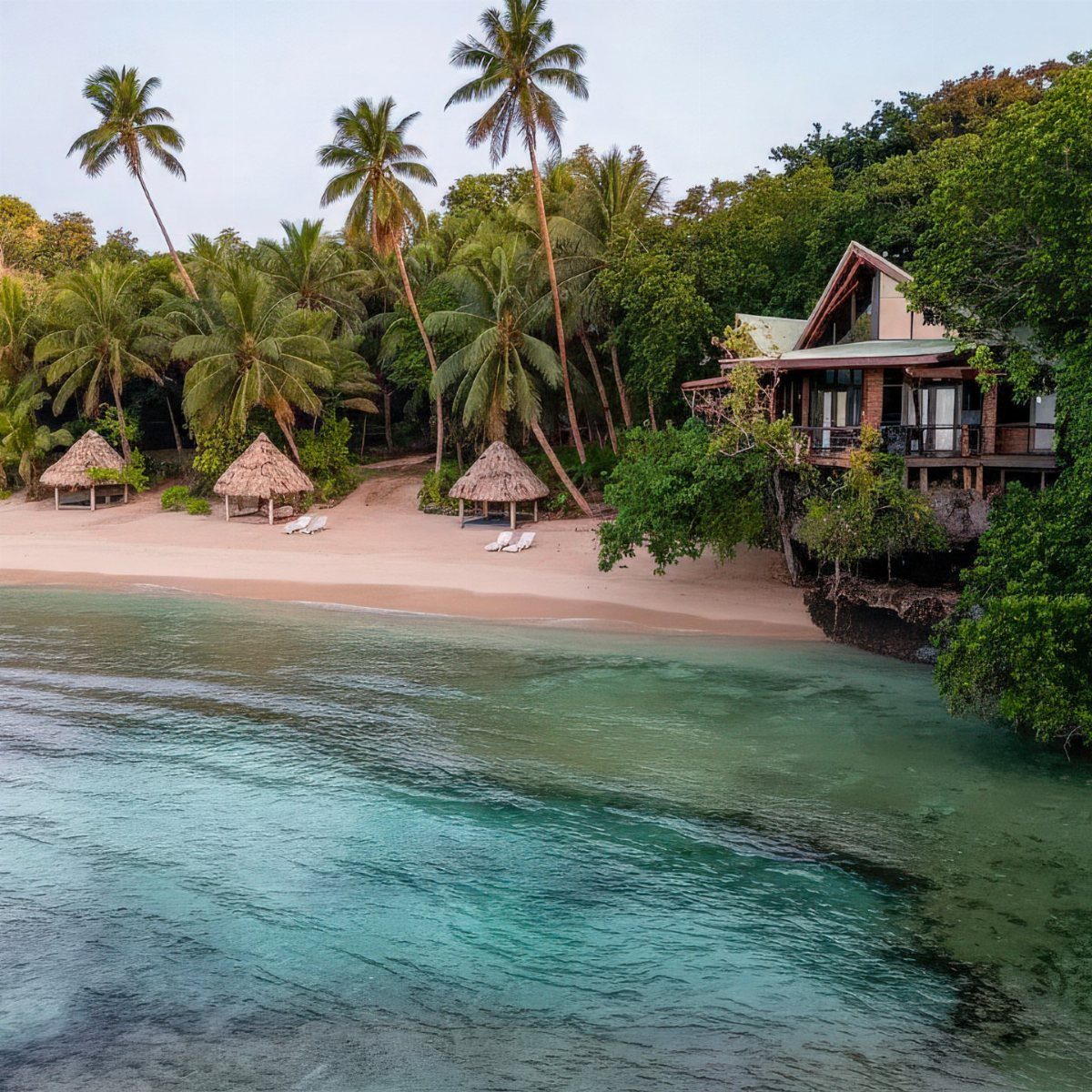 Tropical beach with white sand, turquoise water, palm trees, and luxury wooden villas.
