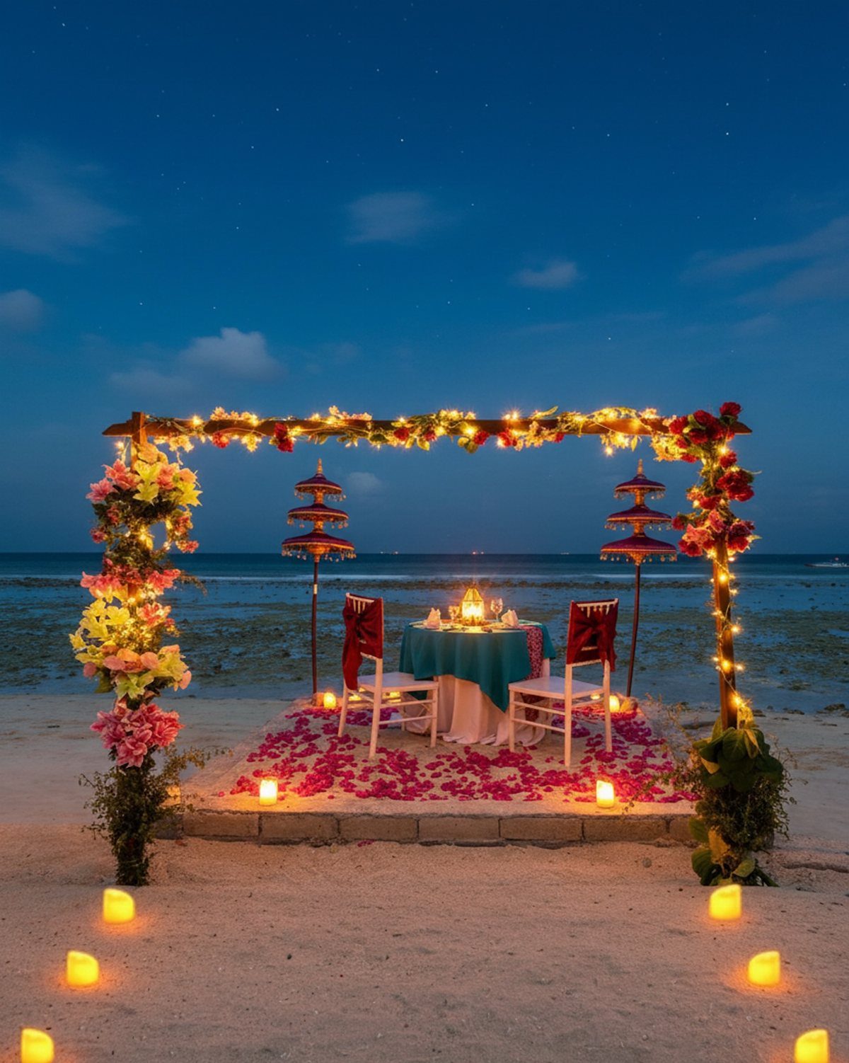 Romantic beach dinner setup with floral arch, candles, and petals at twilight.