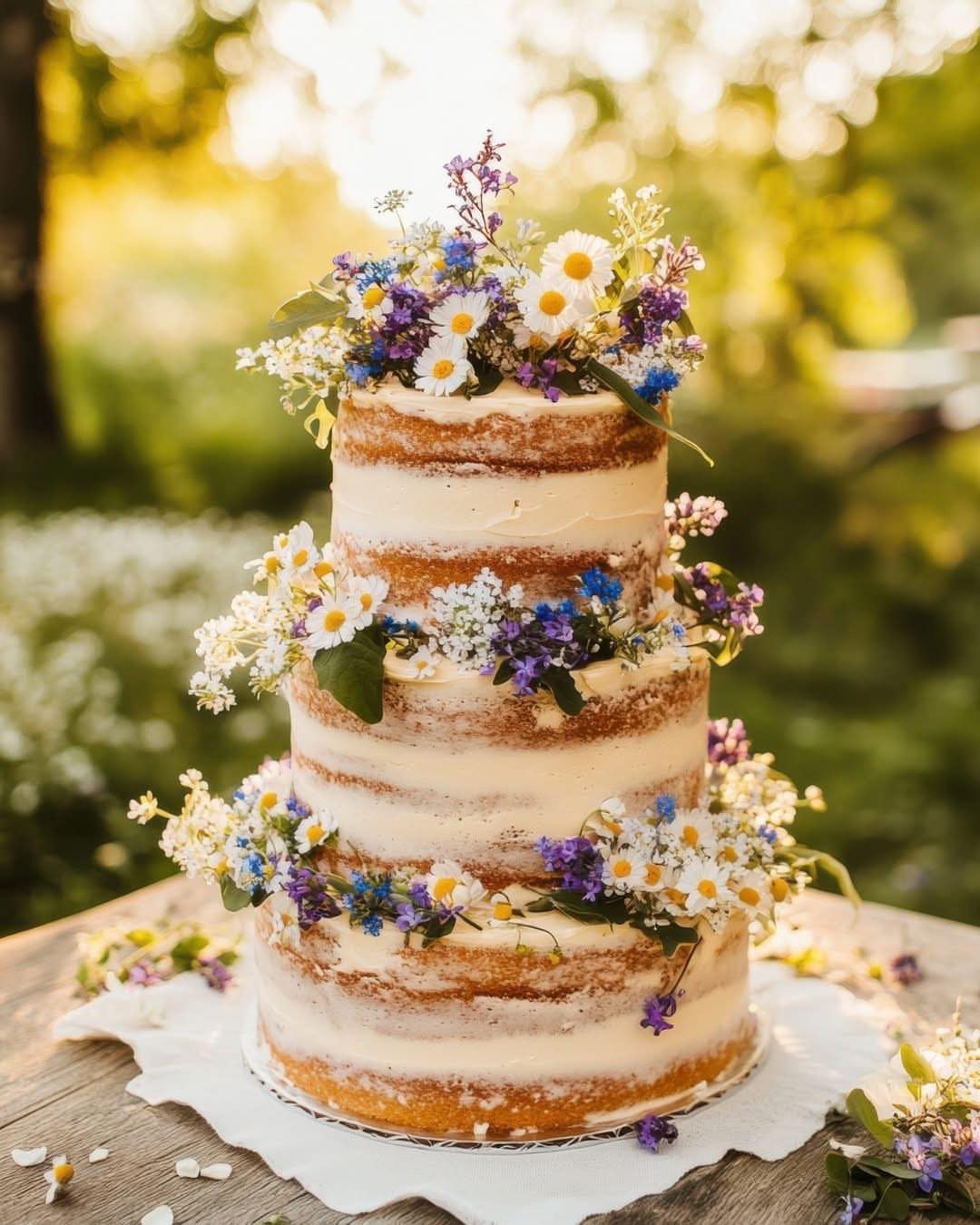 Three-tier naked wedding cake decorated with fresh daisies and purple wildflowers outdoors.