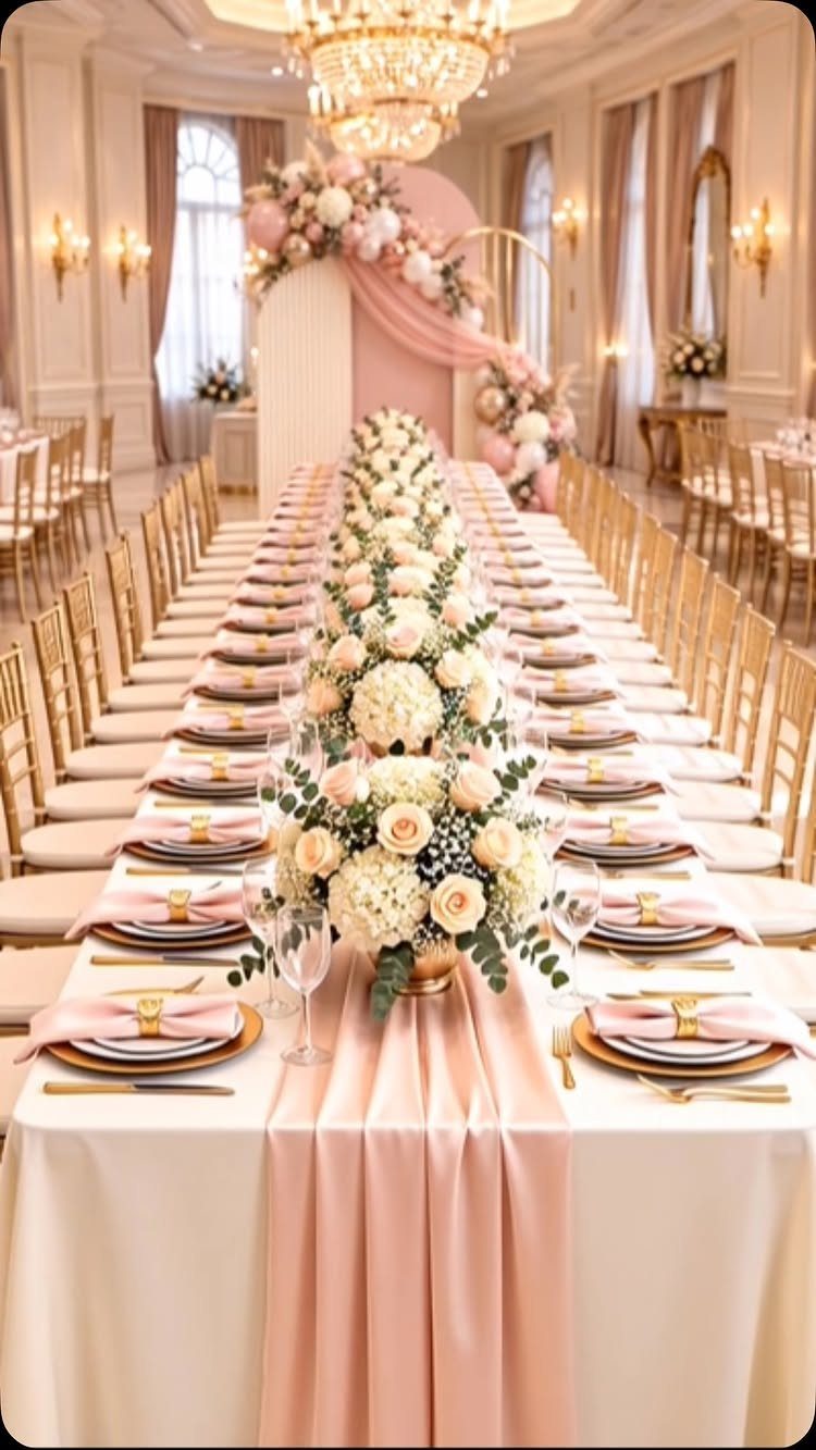 Long wedding table with blush pink runner, gold chairs, and white floral centerpieces.