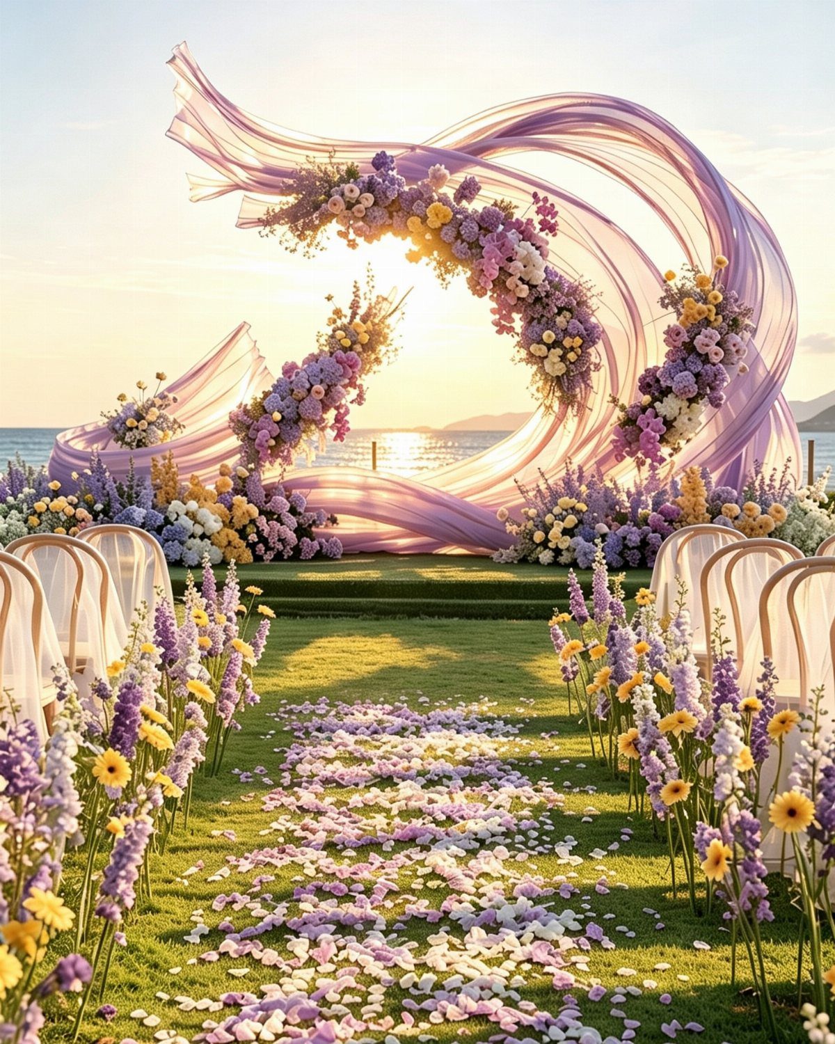 Purple fabric wedding arch with pink and purple flowers overlooking the ocean at sunset