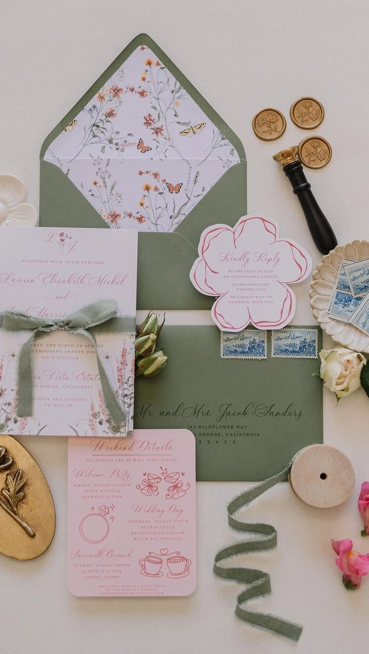 Wedding invitation suite with floral envelope, green ribbon, and pink detail cards.
