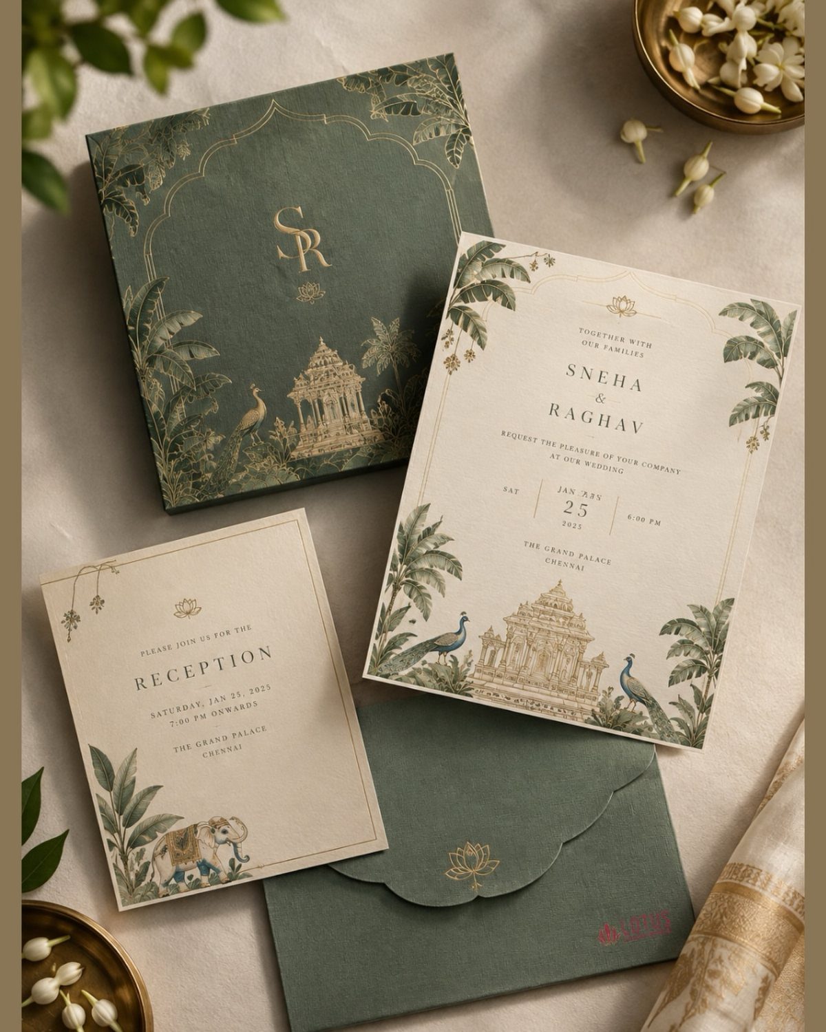 Wedding invitation suite with green and cream cards featuring gold foil and botanical art.