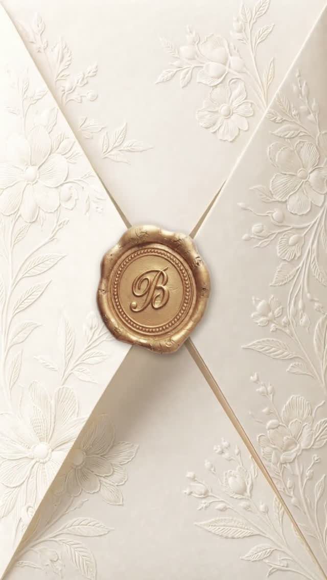 Cream embossed floral envelope closed with a gold wax seal featuring letter B