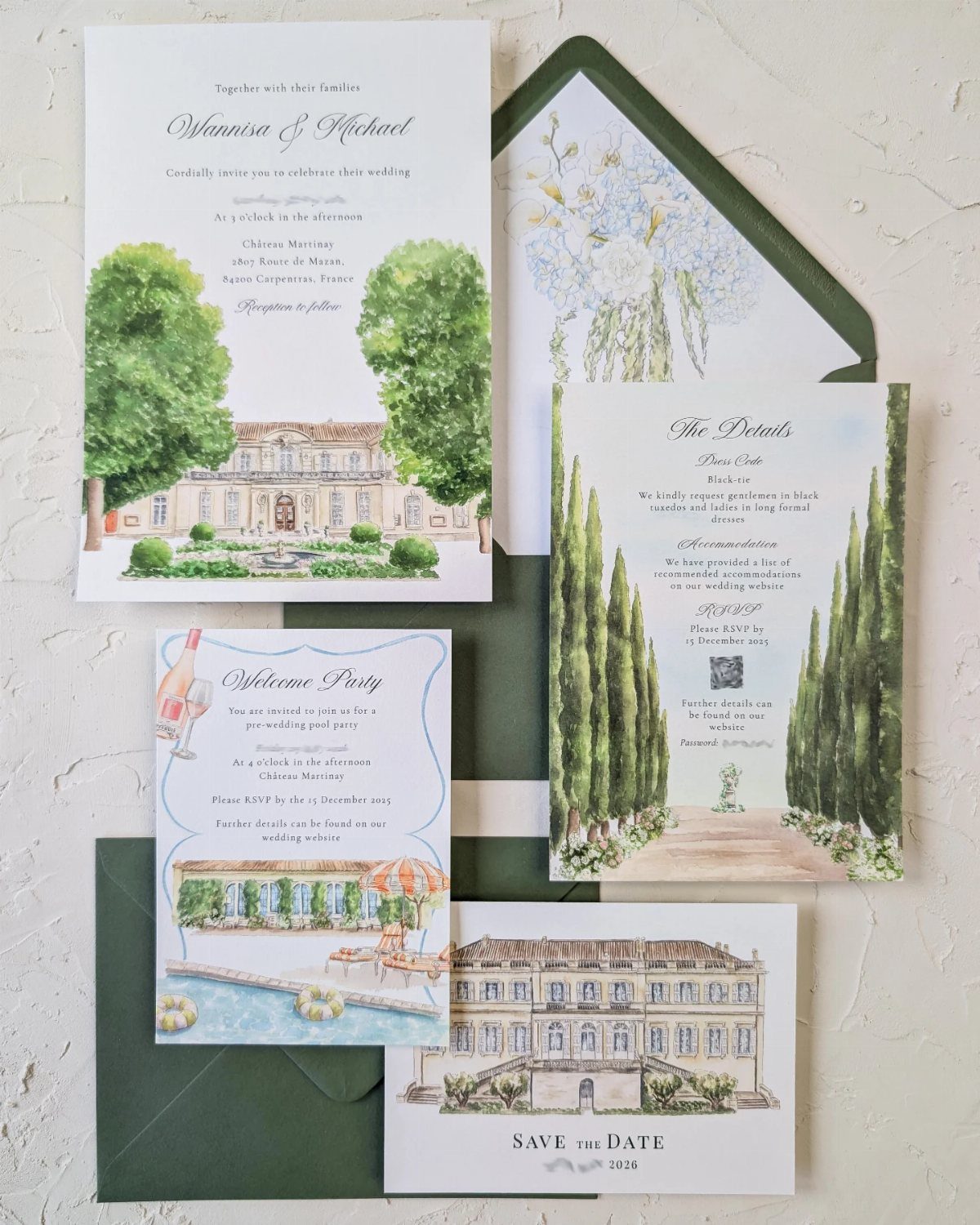 Wedding invitation suite with watercolor estate illustrations and dark green envelopes on textured paper