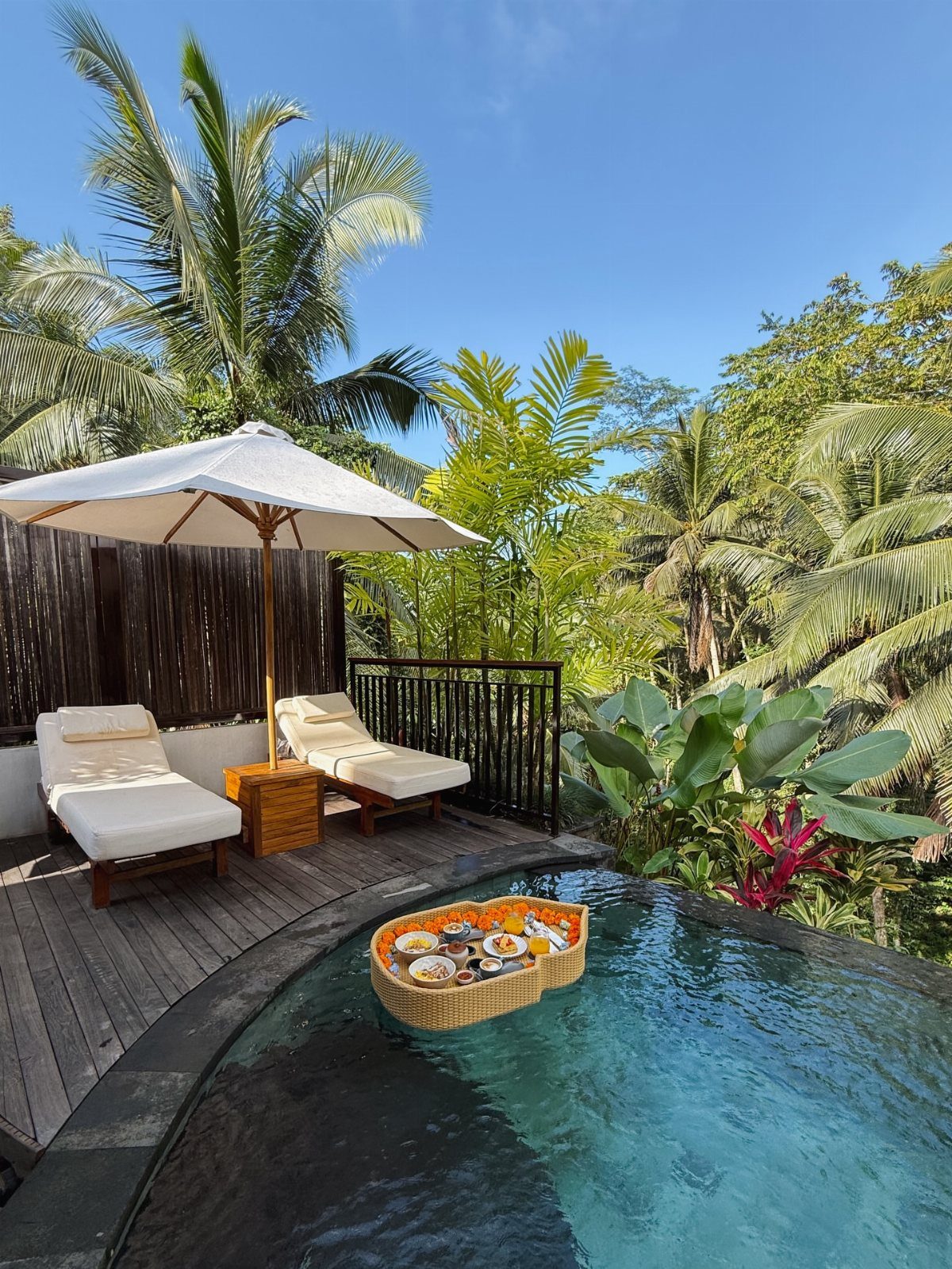 Floating breakfast tray in a private pool with lounge chairs and tropical palms.
