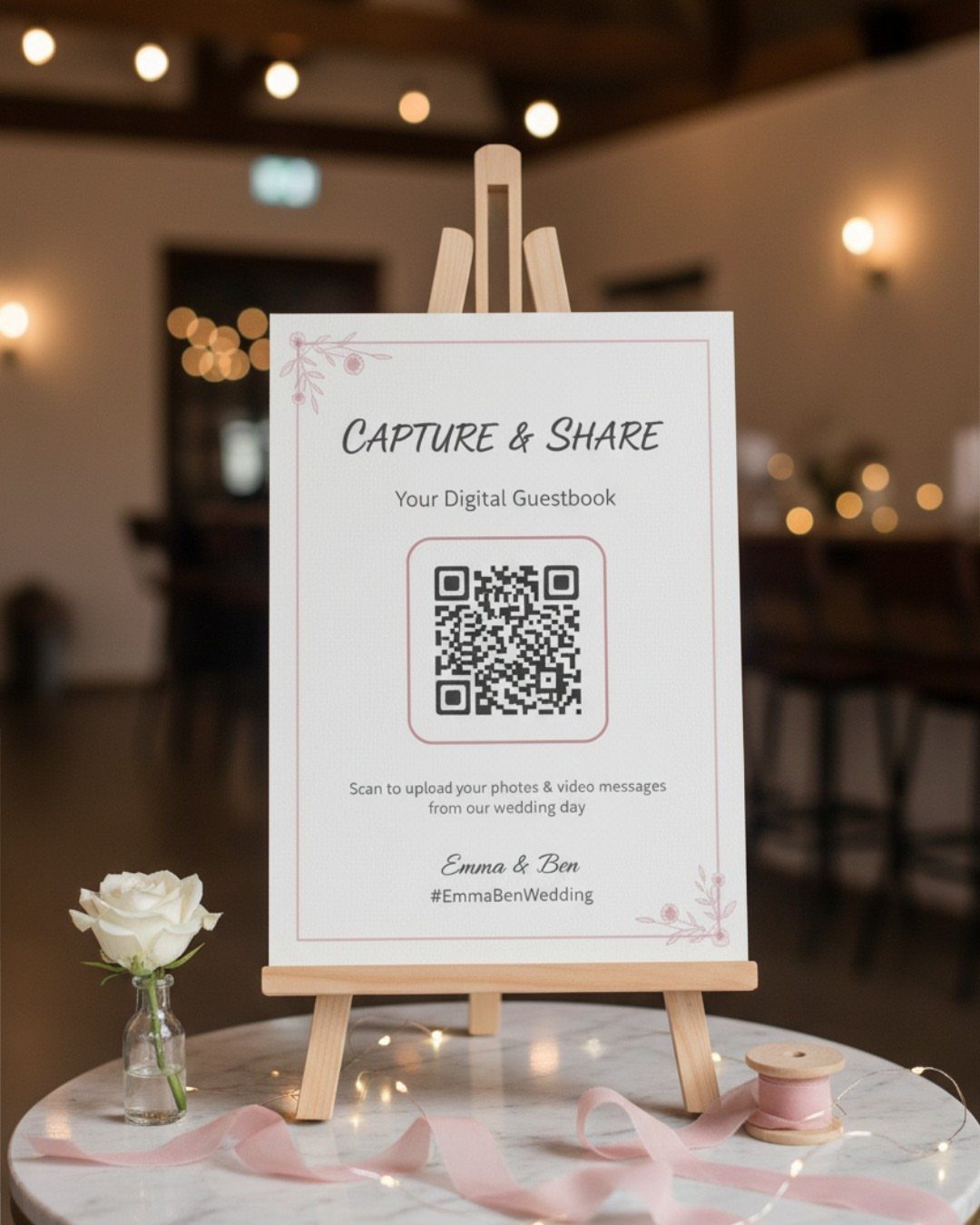 Wedding sign on a wooden easel with a QR code for digital guestbook.