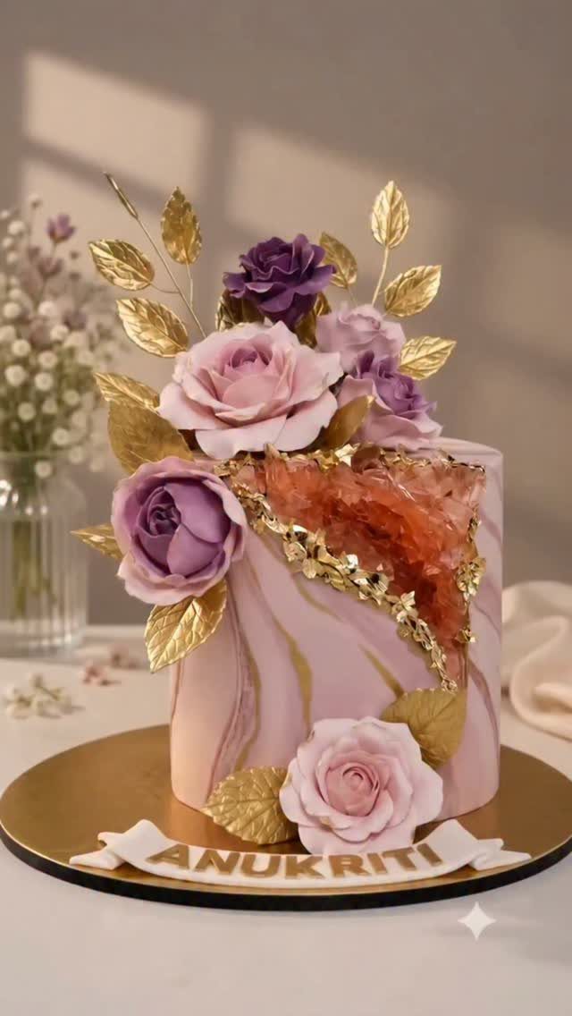 Pink geode cake with orange crystals, purple roses, and gold leaves on gold base.