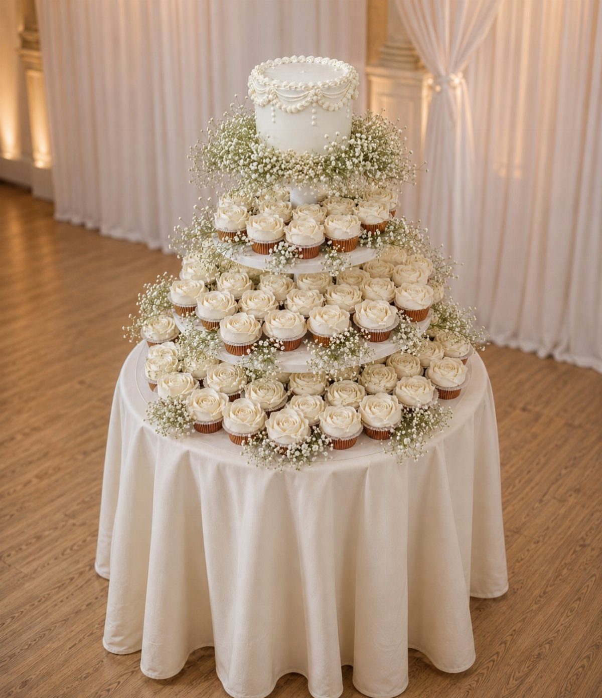 Tiered cupcake tower with a small white cake on top and baby's breath.